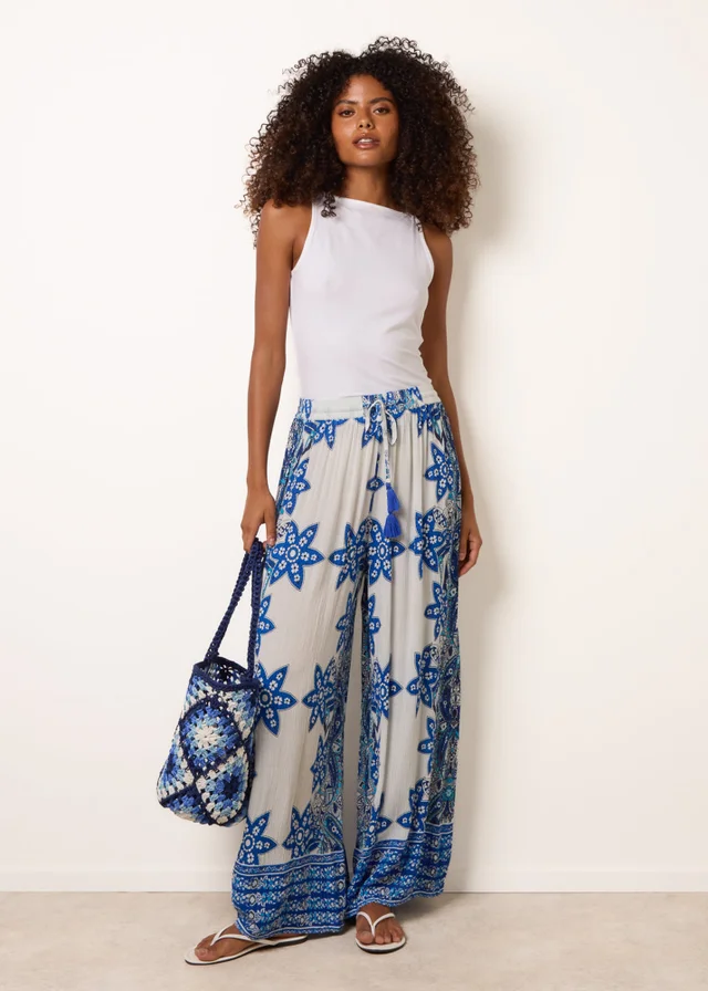 Blue Vanilla Blue Paisley Floral Wide Leg Printed Trousers