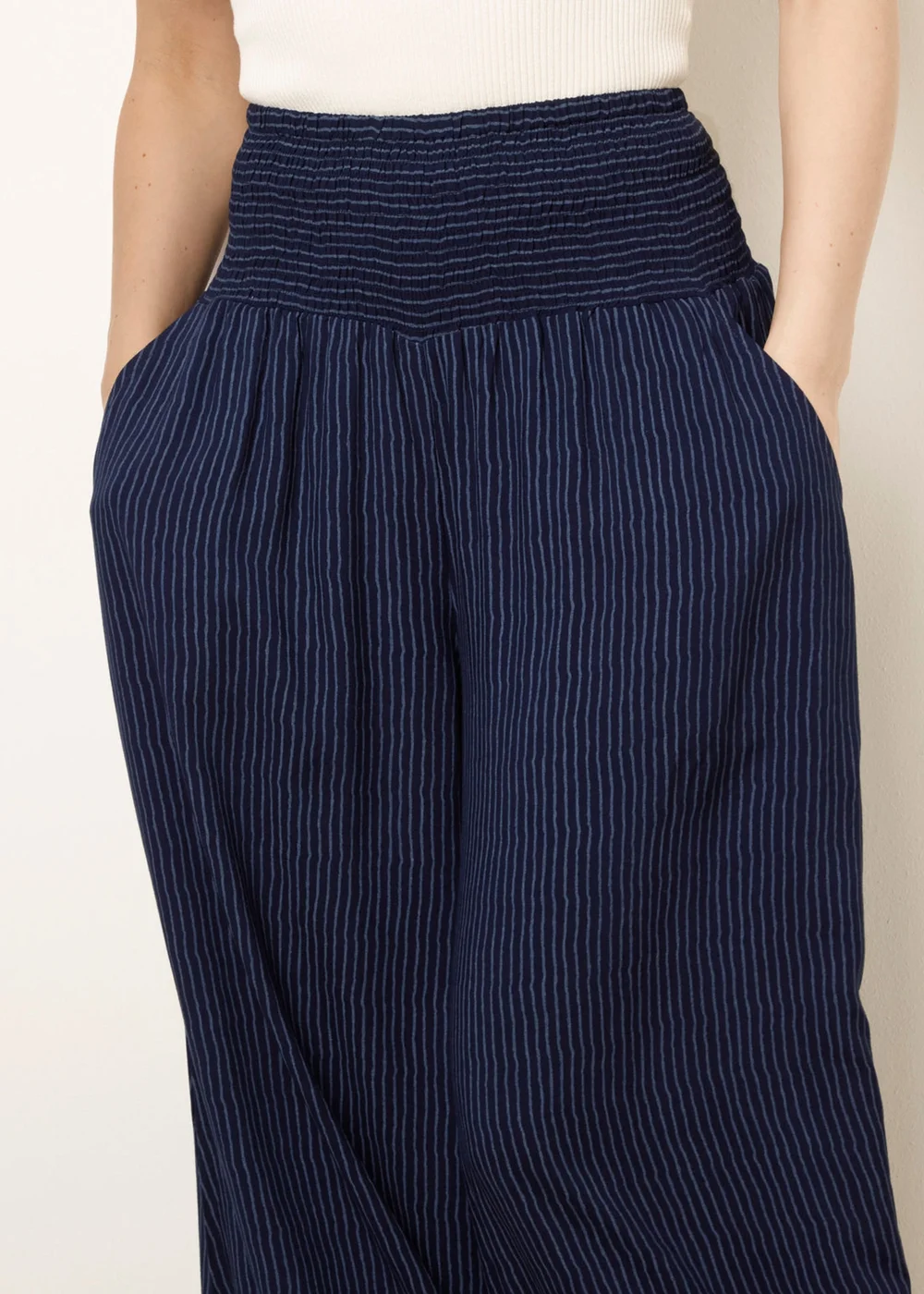 Blue Vanilla Navy Wide Leg Shirred Waist Wavy Trousers - S/M Image 3