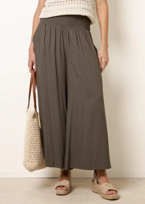 Blue Vanilla Khaki Wide Leg Shirred Waist Wavy Trousers - L/XL Image 2