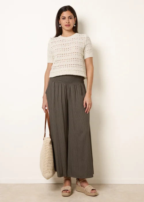 Blue Vanilla Khaki Wide Leg Shirred Waist Wavy Trousers - L/XL Image 1