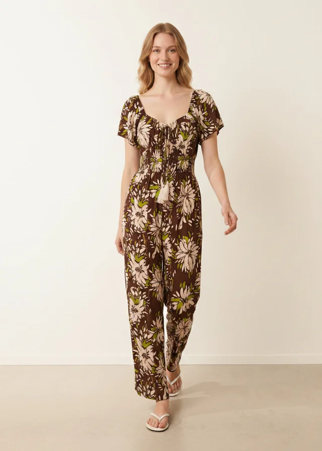 Blue Vanilla Brown Shirred Waist Wide Leg Jumpsuit