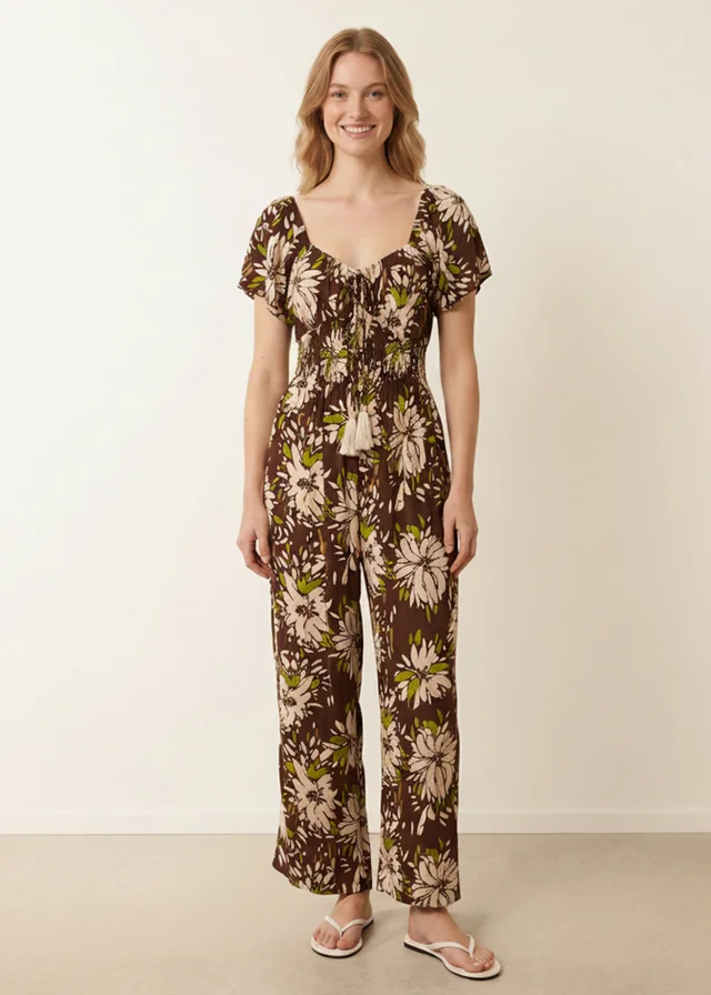 Blue Vanilla Brown Shirred Waist Wide Leg Jumpsuit