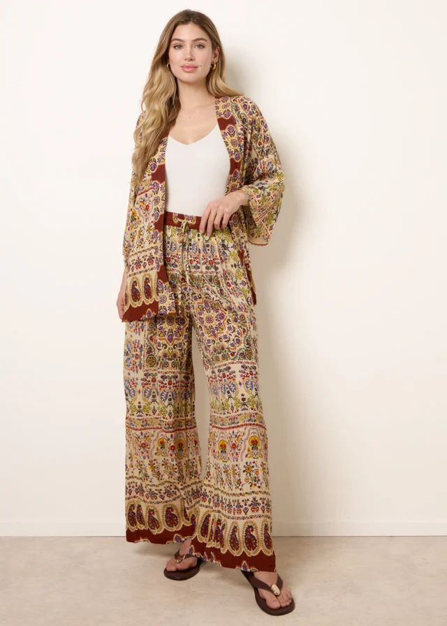 Blue Vanilla Multi Paisley Print Kimono With Embellishment