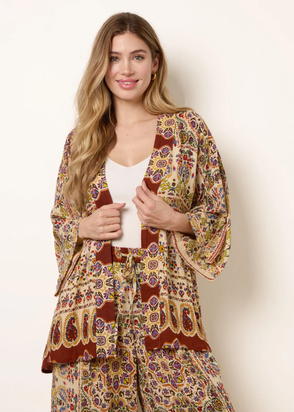 Blue Vanilla Multi Paisley Print Kimono With Embellishment - One Size Image 1