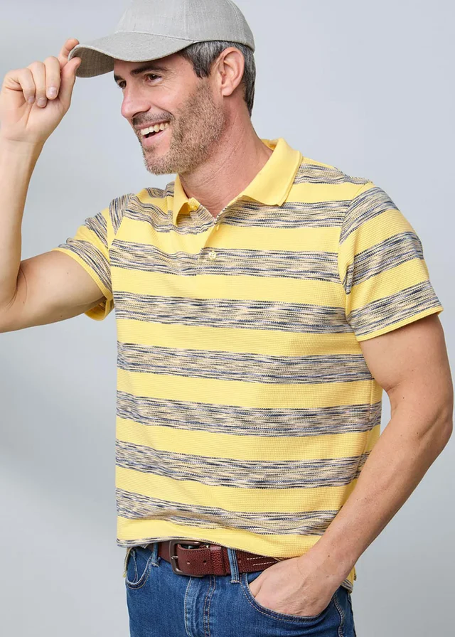 Cotton Traders Short Sleeve Yellow Textured Stripe Polo Shirt