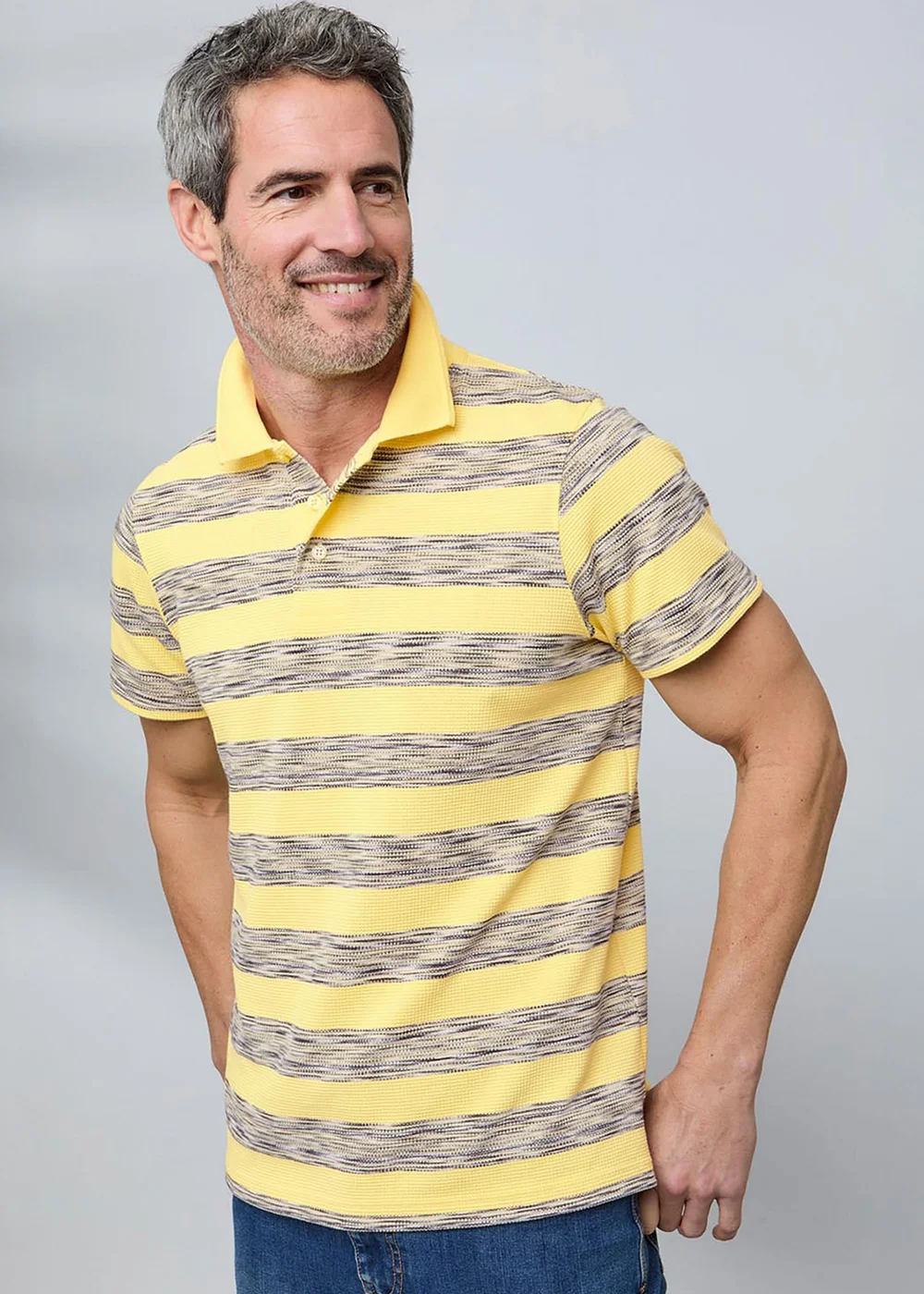Cotton Traders Short Sleeve Yellow Textured Stripe Polo Shirt - M Image 2