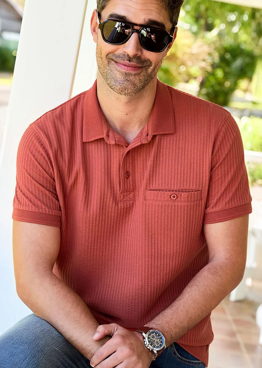 Cotton Traders Short Sleeve Red Seersucker Polo Shirt - XL Image 3