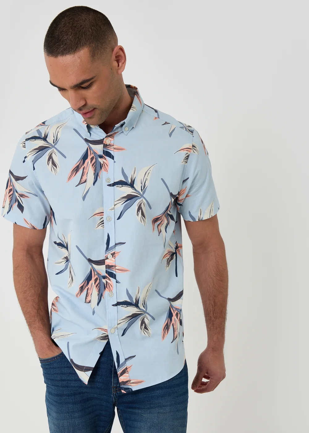 Threadbare Pale Blue Tropical Leaf Print Cotton Short Sleeve Shirt - 2XL Image 1