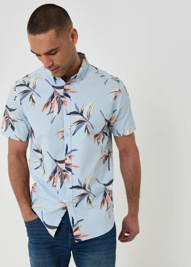 Threadbare Pale Blue Tropical Leaf Print Cotton Short Sleeve Shirt