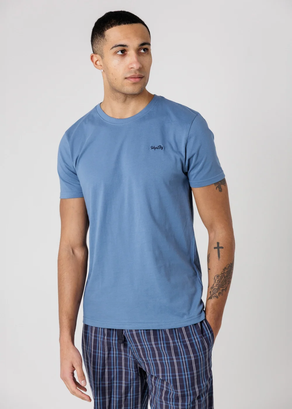 Tokyo Laundry Blue Crew Neck T-Shirt & Checked Shorts Pyjama Set - S Image 3