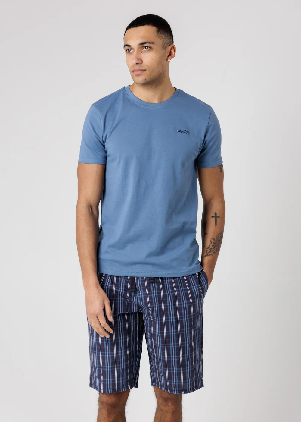 Tokyo Laundry Blue Crew Neck T-Shirt & Checked Shorts Pyjama Set - S Image 1