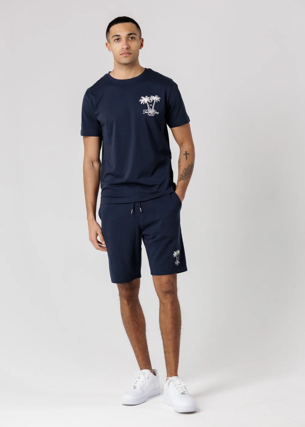 Tokyo Laundry Navy Palm Print T-Shirt & Shorts Lounge Set - S Image 1