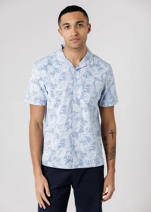 Tokyo Laundry Light Blue Cotton Short Sleeve Button-Up Tropical Print Shirt - M Image 1