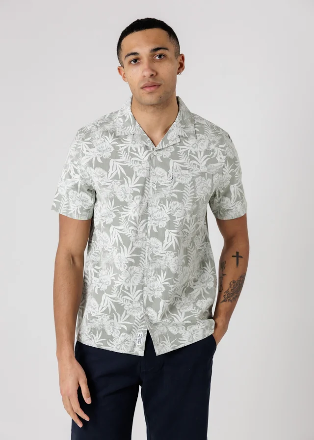 Tokyo Laundry Green Cotton Short Sleeve Button-Up Tropical Print Shirt