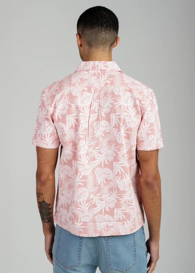 Tokyo Laundry Coral Cotton Short Sleeve Button-Up Tropical Print Shirt