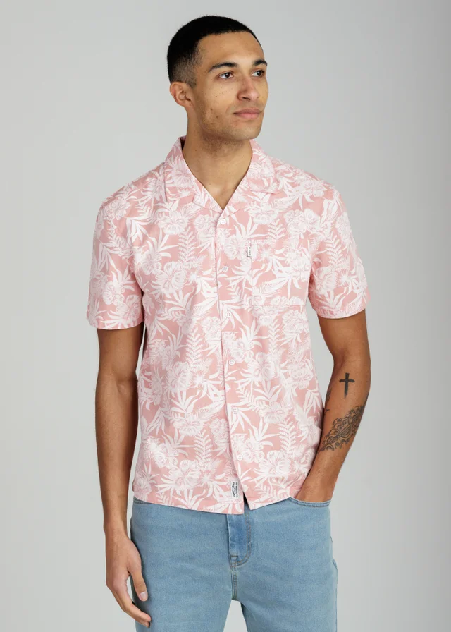 Tokyo Laundry Coral Cotton Short Sleeve Button-Up Tropical Print Shirt