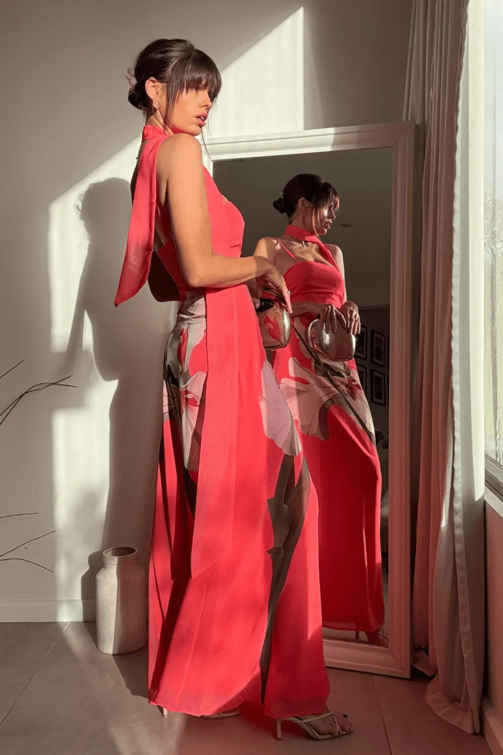 Style Cheat Pink Peony Soft Satin Maxi Dress With Scarf - 8 Image 5
