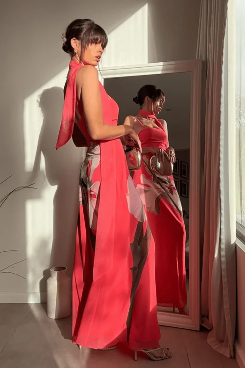 Style Cheat Pink Peony Soft Satin Maxi Dress With Scarf - 8 Image 5
