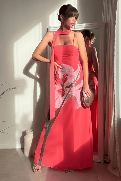 Style Cheat Pink Peony Soft Satin Maxi Dress With Scarf - 8 Image 3