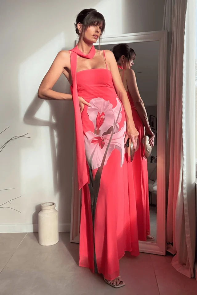 Style Cheat Pink Peony Soft Satin Maxi Dress With Scarf