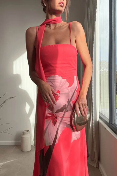 Style Cheat Pink Peony Soft Satin Maxi Dress With Scarf - 8 Image 4