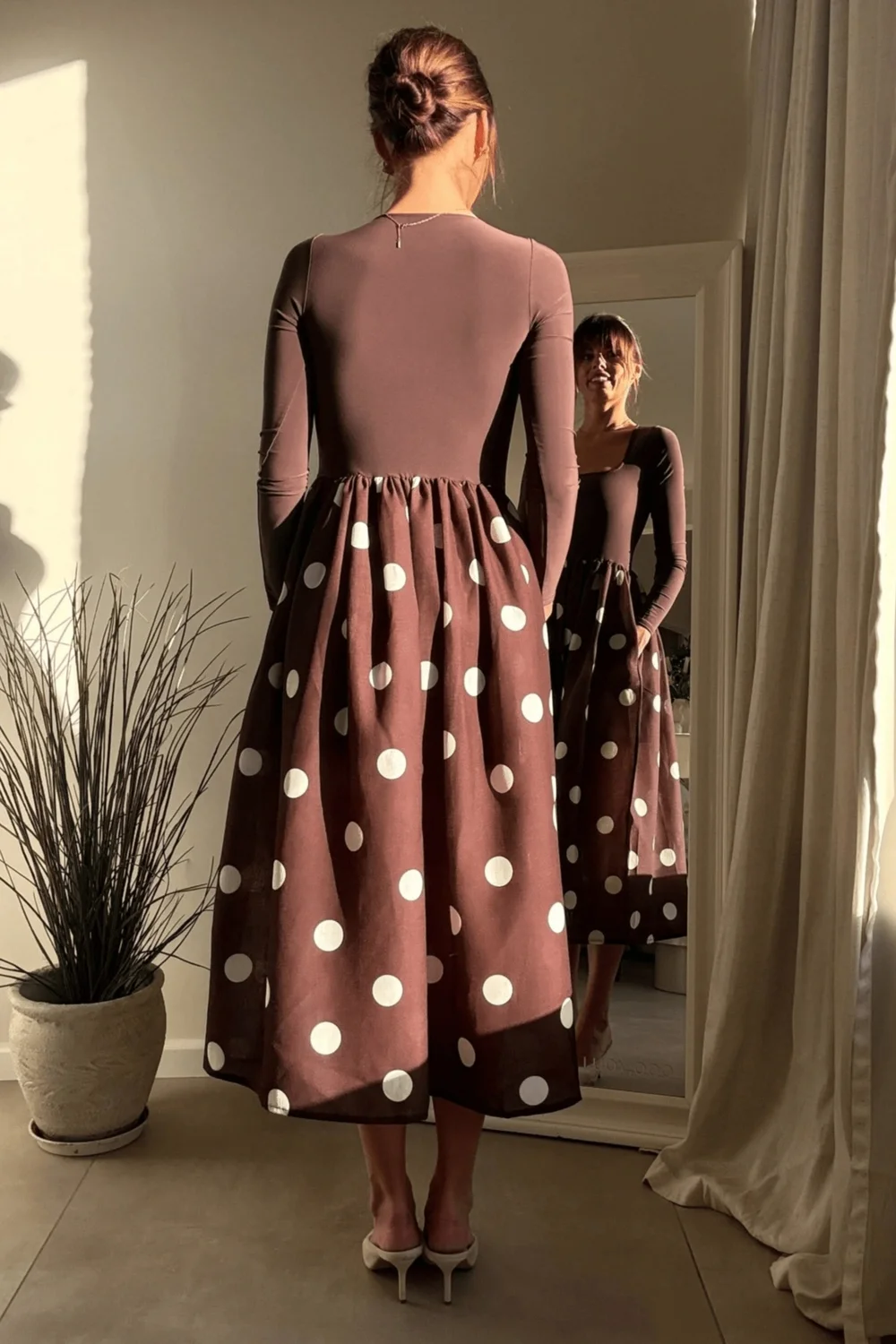 Style Cheat Sadie Chocolate Brown & Cream Polka Dot Long Sleeve Midi Dress - 10 Image 4