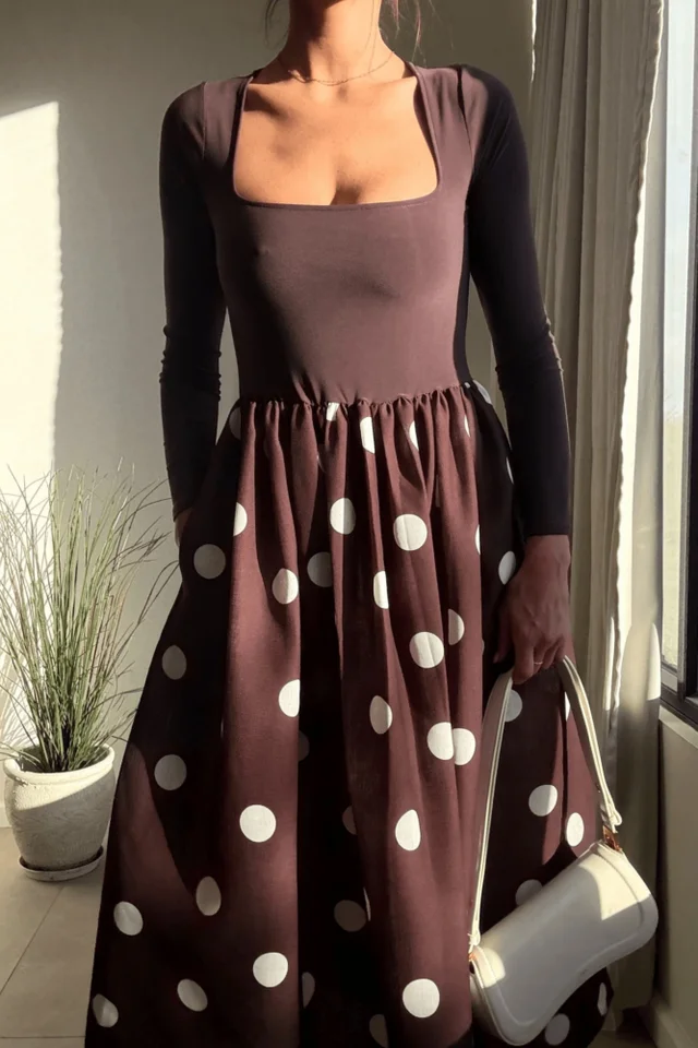 Style Cheat Sadie Chocolate Brown & Cream Polka Dot Long Sleeve Midi Dress