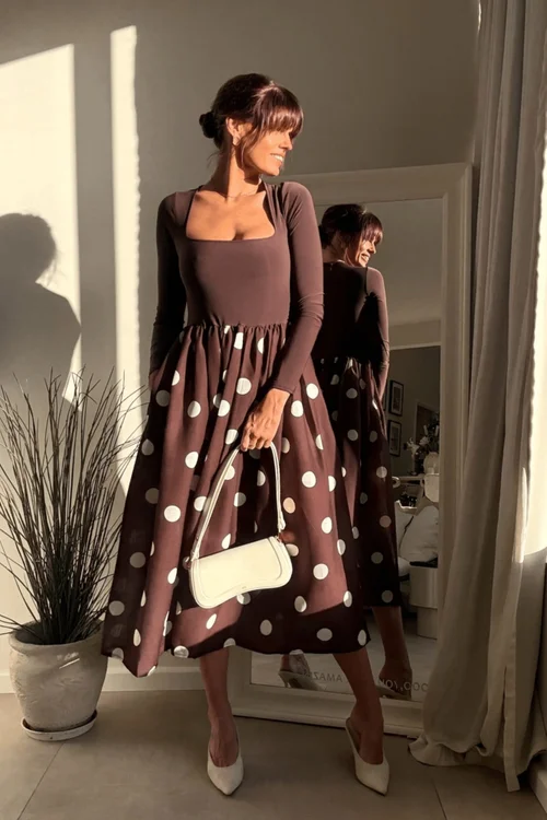 Style Cheat Sadie Chocolate Brown & Cream Polka Dot Long Sleeve Midi Dress - 10 Image 1