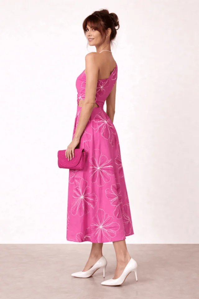 Style Cheat Pink Floral Jasmine Cut Out One Shoulder Dress