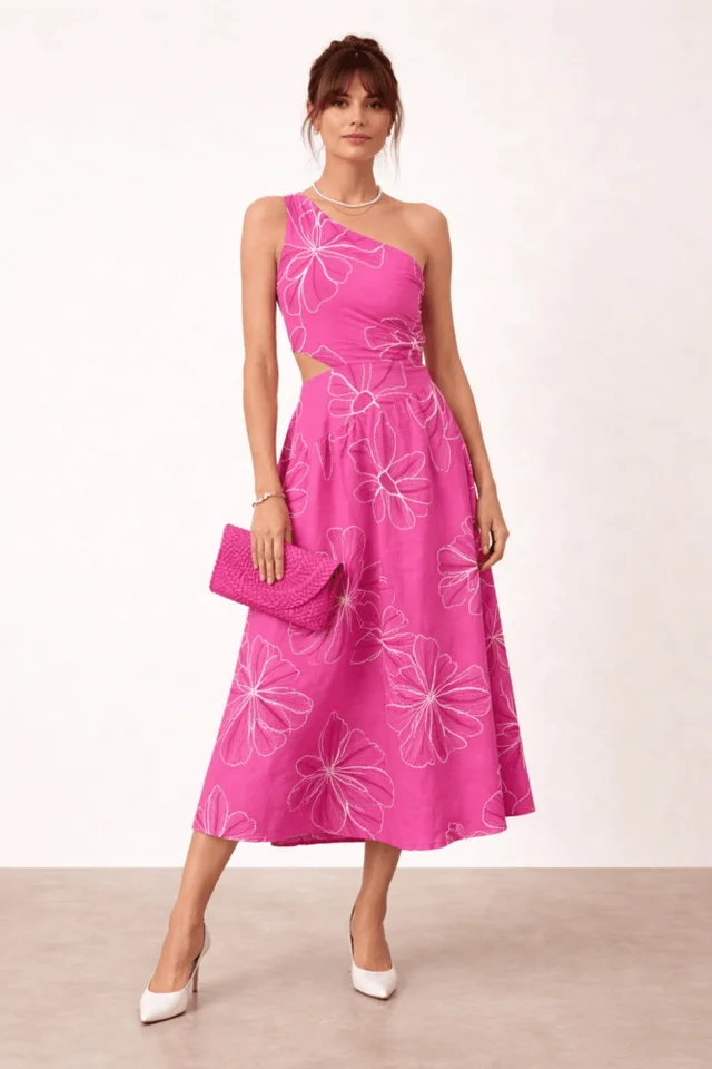 Style Cheat Pink Floral Jasmine Cut Out One Shoulder Dress