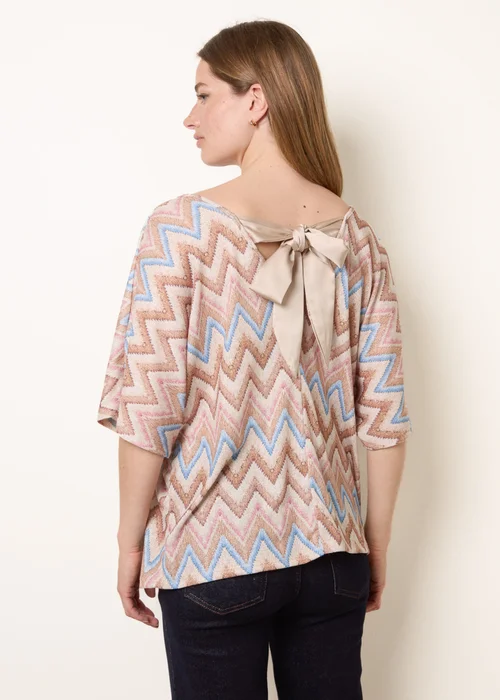 Blue Vanilla Beige Zig Zag Metallic Bow Back Top - One Size Image 2