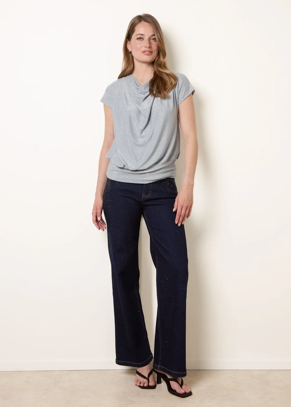 Blue Vanilla Blue Metallic Cowl Neck Draped Top - L/XL Image 1