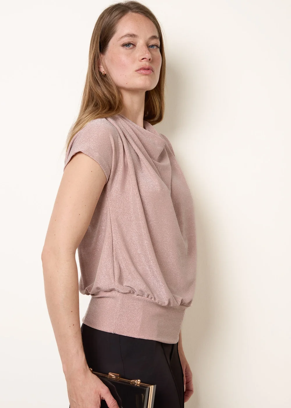 Blue Vanilla Pink Metallic Cowl Neck Draped Top - L/XL Image 3
