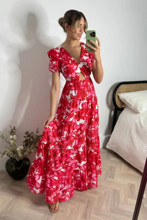 Style Cheat Red & White Zoe Tiered Cutout Maxi Dress - 12 Image 3