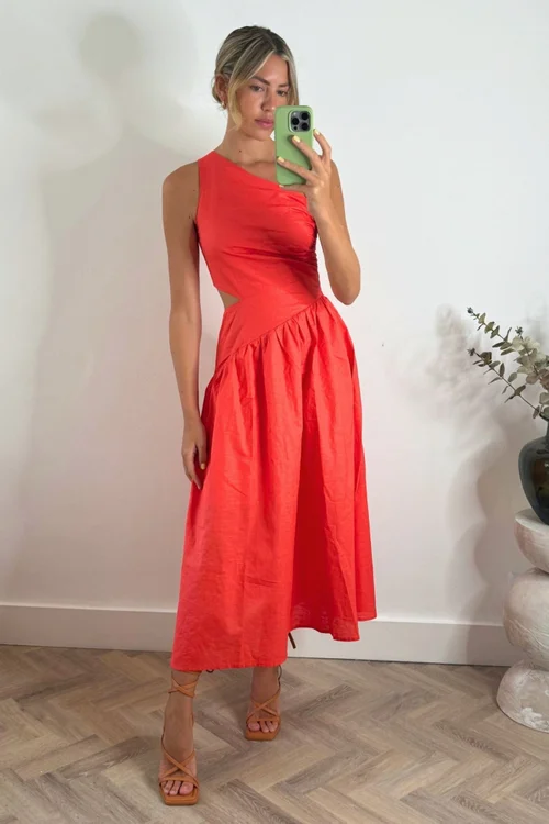 Style Cheat Coral Jasmine Cut Out One Shoulder Midi Dress - 16 Image 3