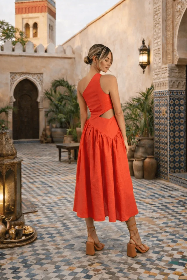 Style Cheat Coral Jasmine Cut Out One Shoulder Midi Dress