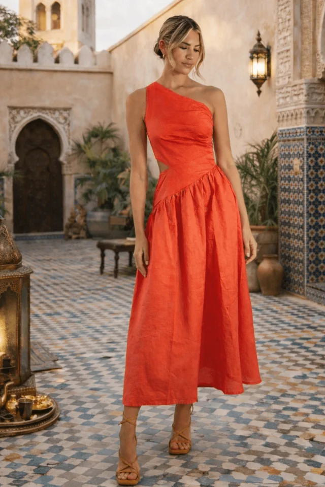 Style Cheat Coral Jasmine Cut Out One Shoulder Midi Dress