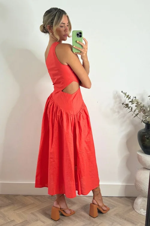 Style Cheat Coral Jasmine Cut Out One Shoulder Midi Dress - 16 Image 4