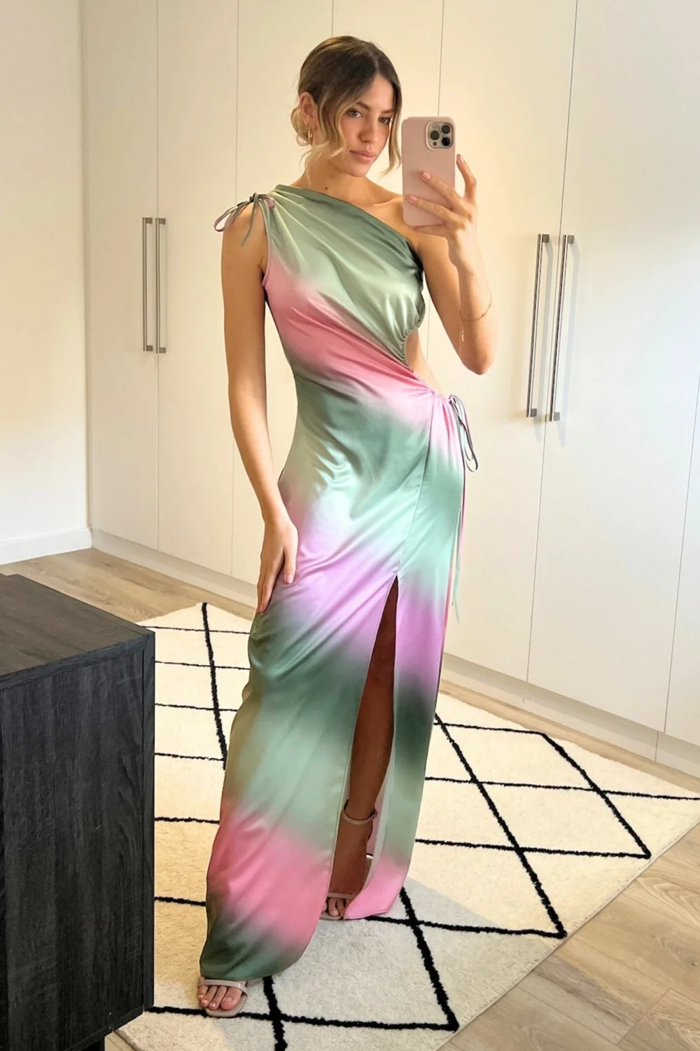 Style Cheat Green Jovie Cut Out Maxi Dress Ombre Satin One Shoulder Maxi - 8 Image 1
