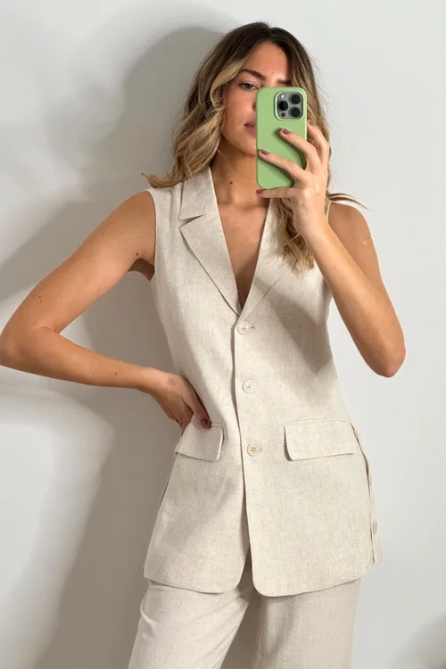 Style Cheat Beige Claire Sleeveless Blazer Neutral Linen - 16 Image 3