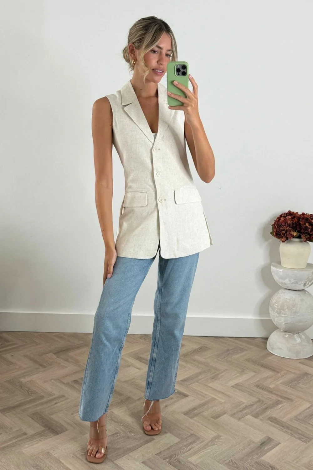 Style Cheat Beige Claire Sleeveless Blazer Neutral Linen - 16 Image 2