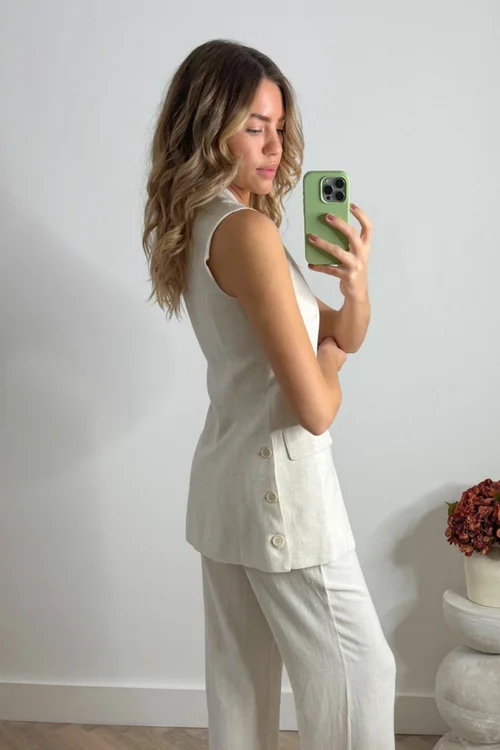 Style Cheat Beige Claire Sleeveless Blazer Neutral Linen - 16 Image 5