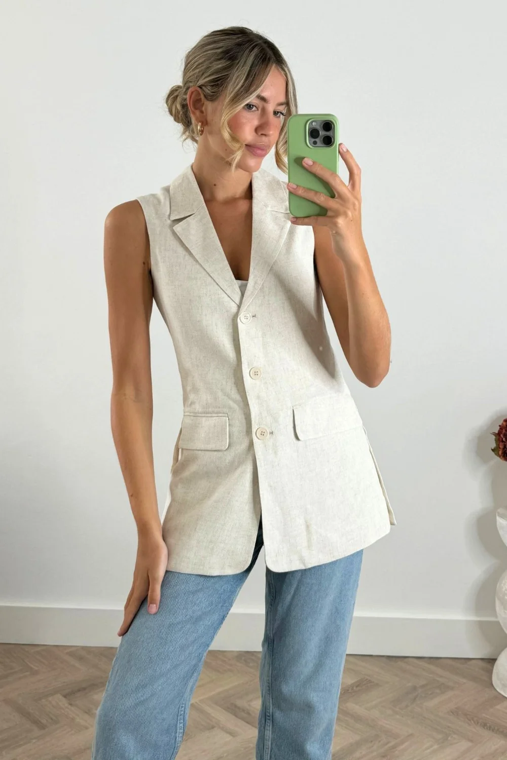Style Cheat Beige Claire Sleeveless Blazer Neutral Linen - 16 Image 1