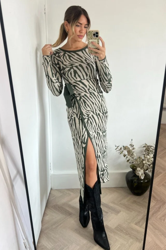 Style Cheat Khaki Renee Zebra Jacquard Knitted Midaxi Dress
