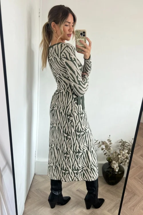 Style Cheat Khaki Renee Zebra Jacquard Knitted Midaxi Dress - 10 Image 6