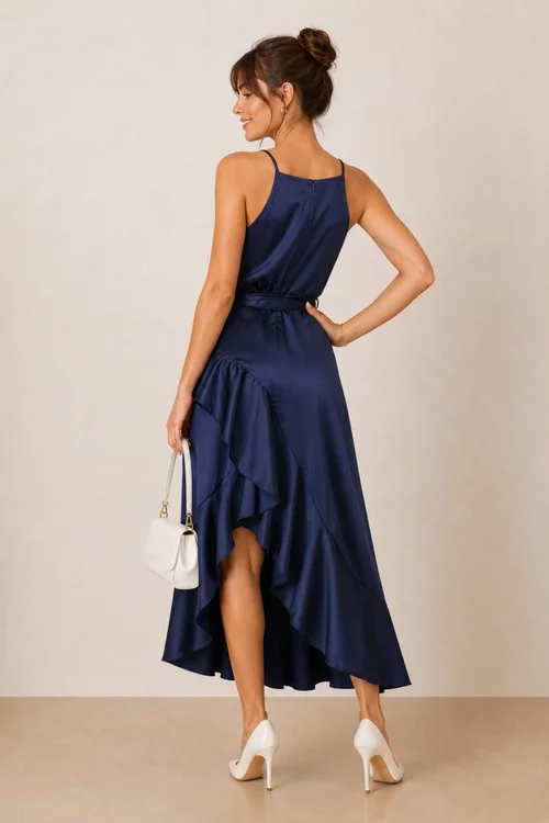 Style Cheat Navy Halter Frill Satin Midi Dress - 16 Image 4