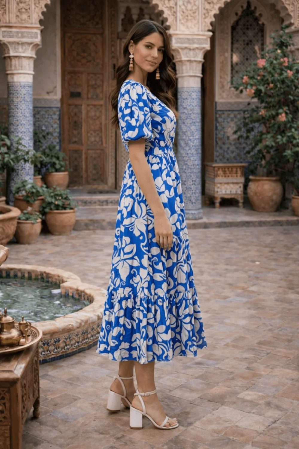 Style Cheat Blue Printed Puff Sleeve Midi Dress - 12 Image 2
