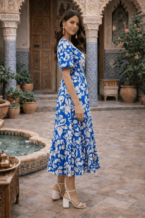 Style Cheat Blue Printed Puff Sleeve Midi Dress - 12 Image 2