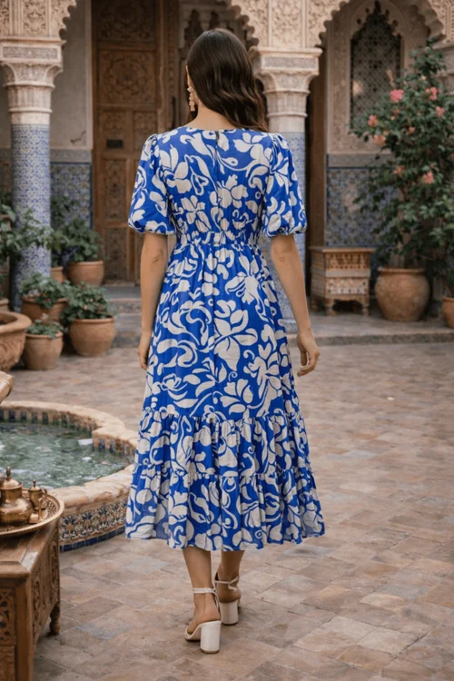 Style Cheat Blue Printed Puff Sleeve Midi Dress - 12 Image 3