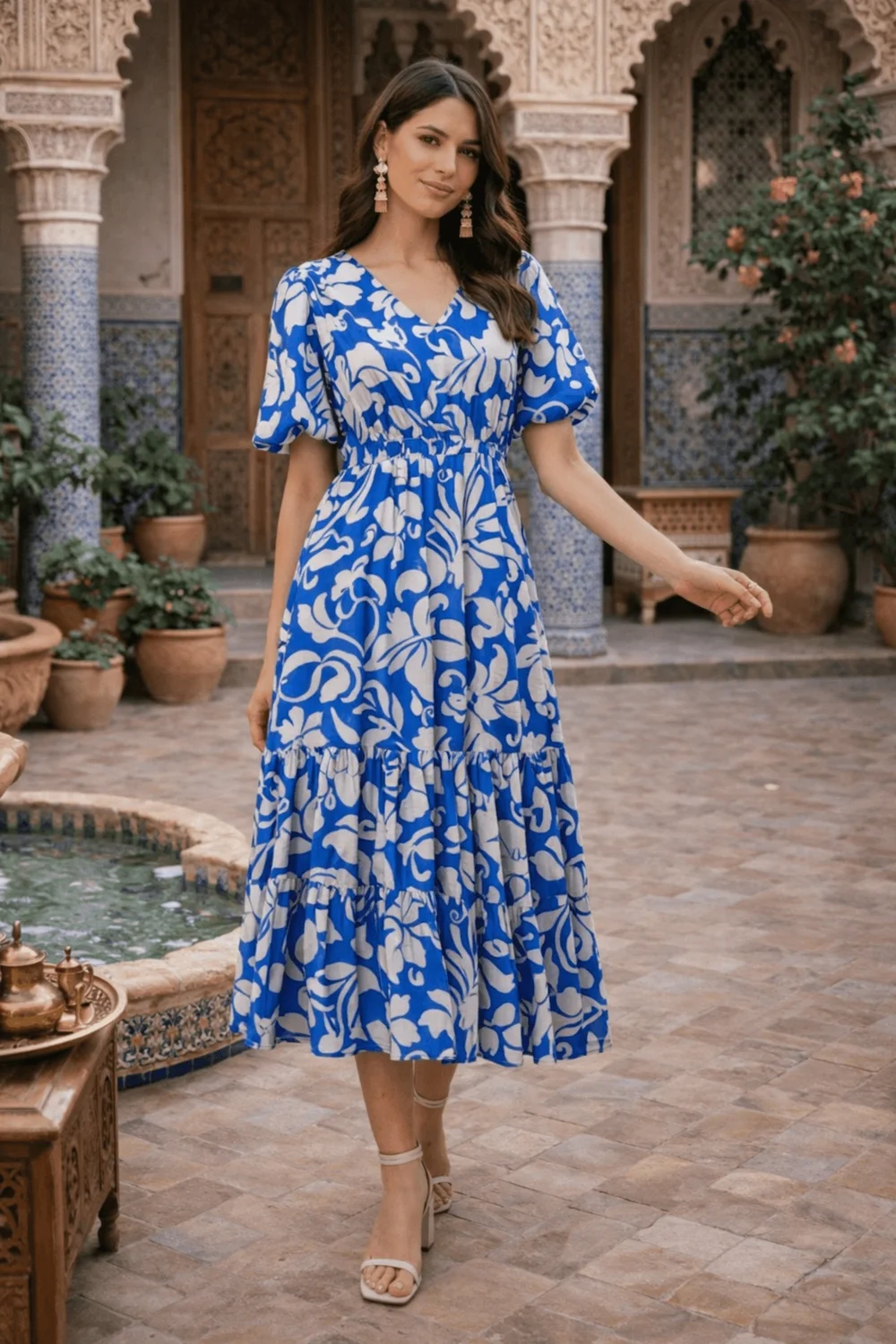 Style Cheat Blue Printed Puff Sleeve Midi Dress - 12 Image 1